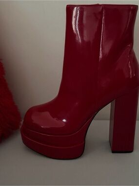 BAMBOO Red Patent Platform Block Heel Boot